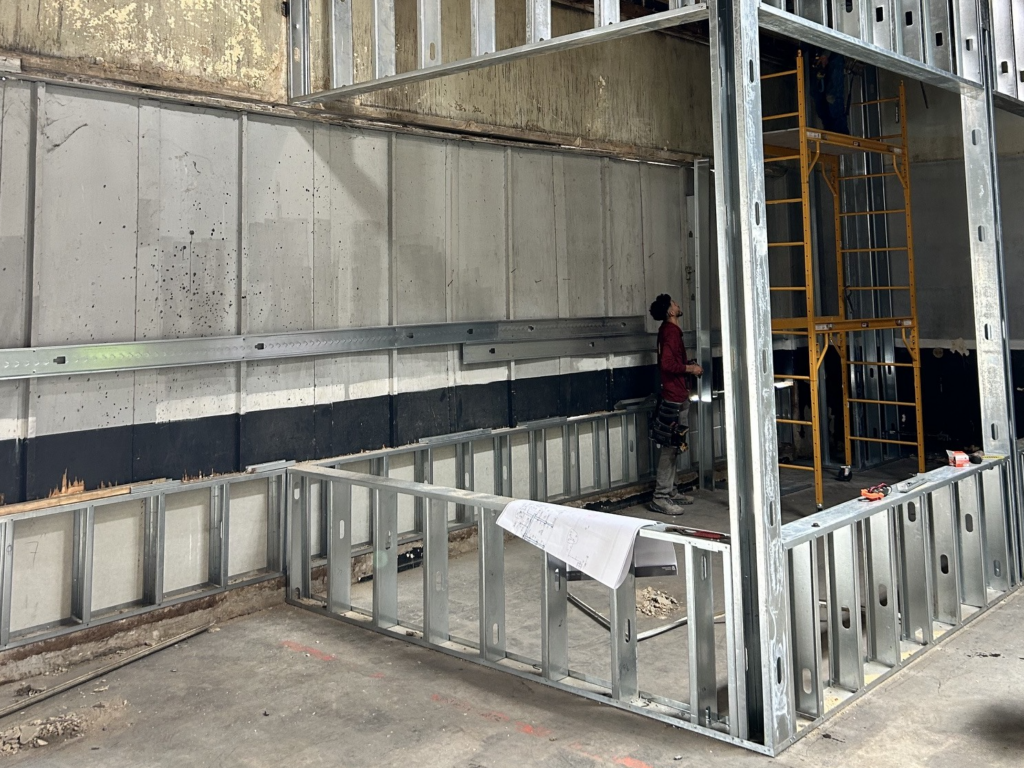 Interior view of framing at 104 S Main renovation in Fort Worth