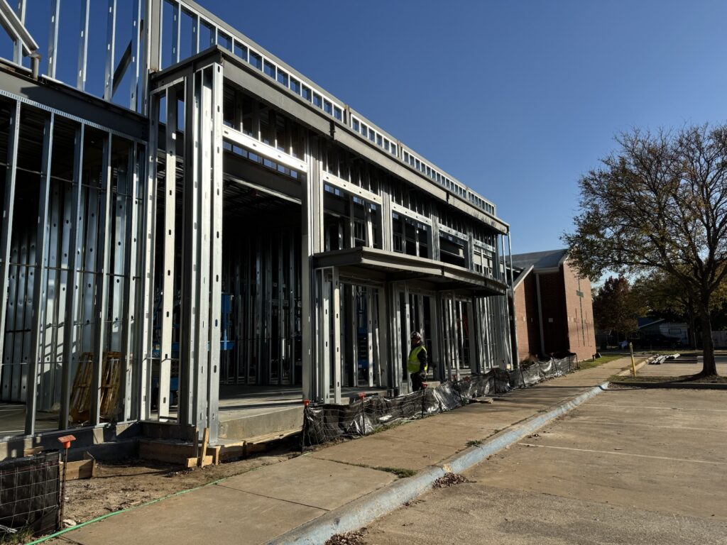 Exterior view of work being done on Emmanuel Chin Baptist Church in Lewisville, Texas