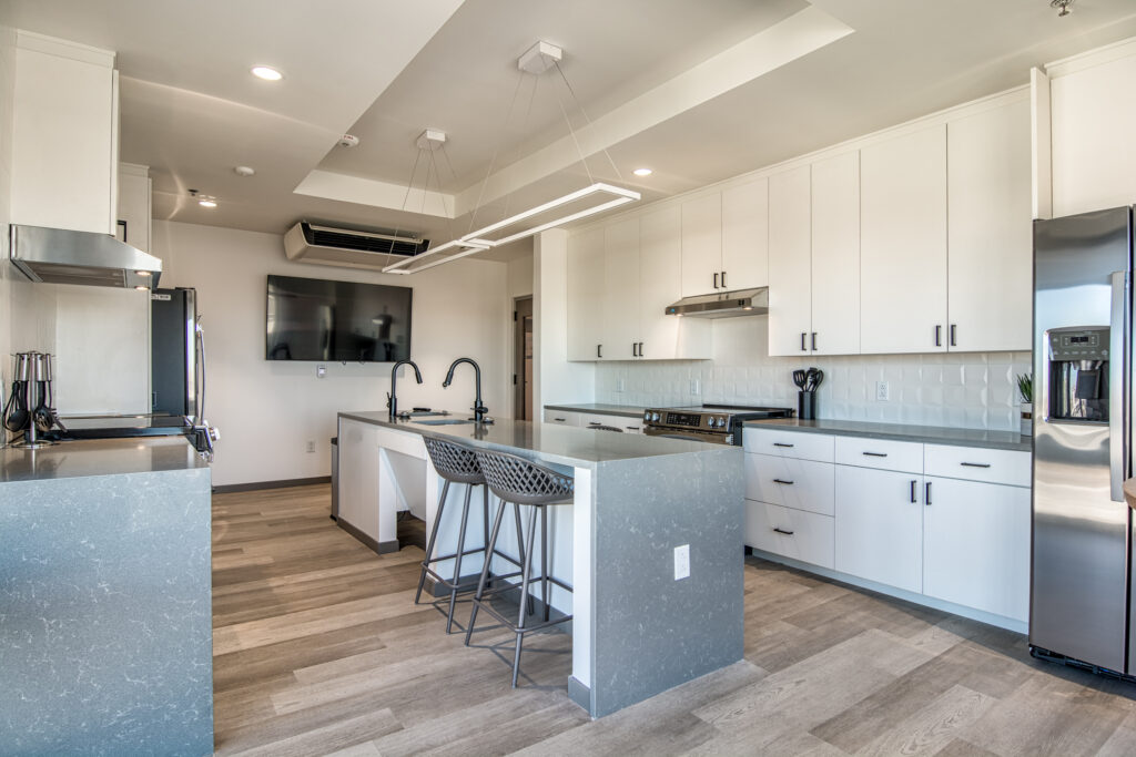 Communal kitchen at Bryan Flats in Fort Worth, Texas 