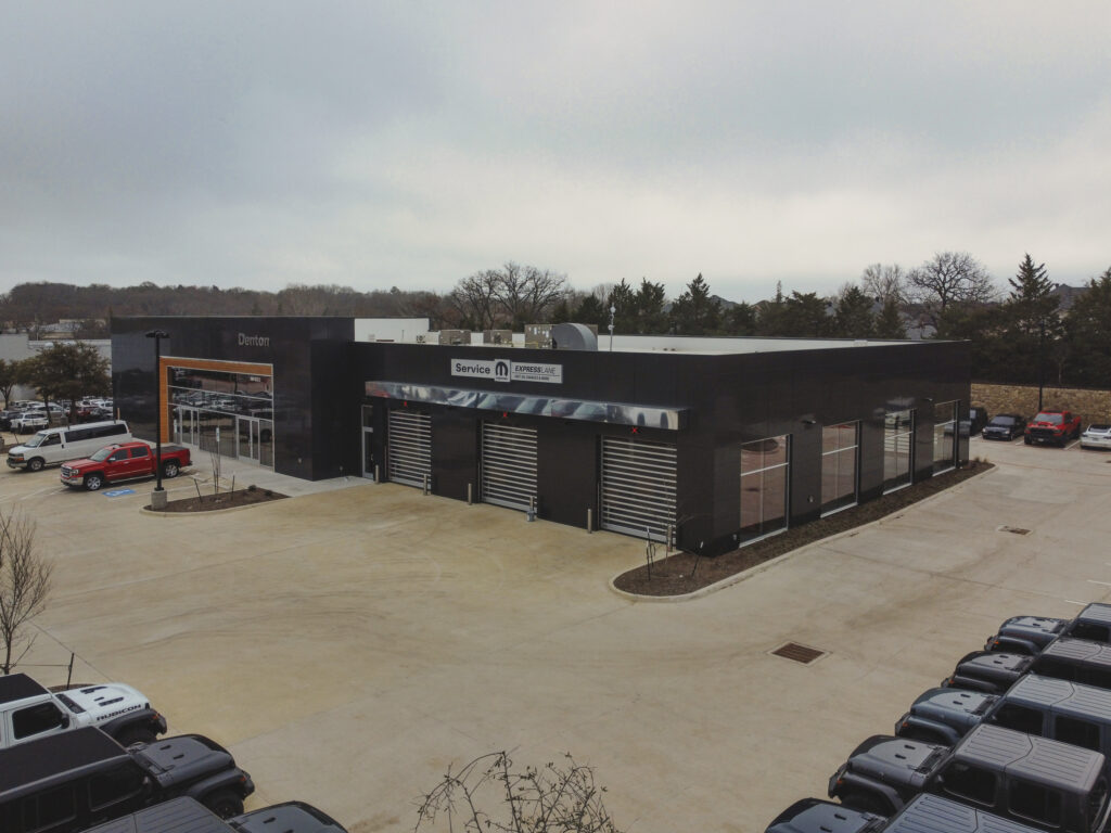 Exterior view of Denton Dodge Chrysler Jeep Ram service reception building