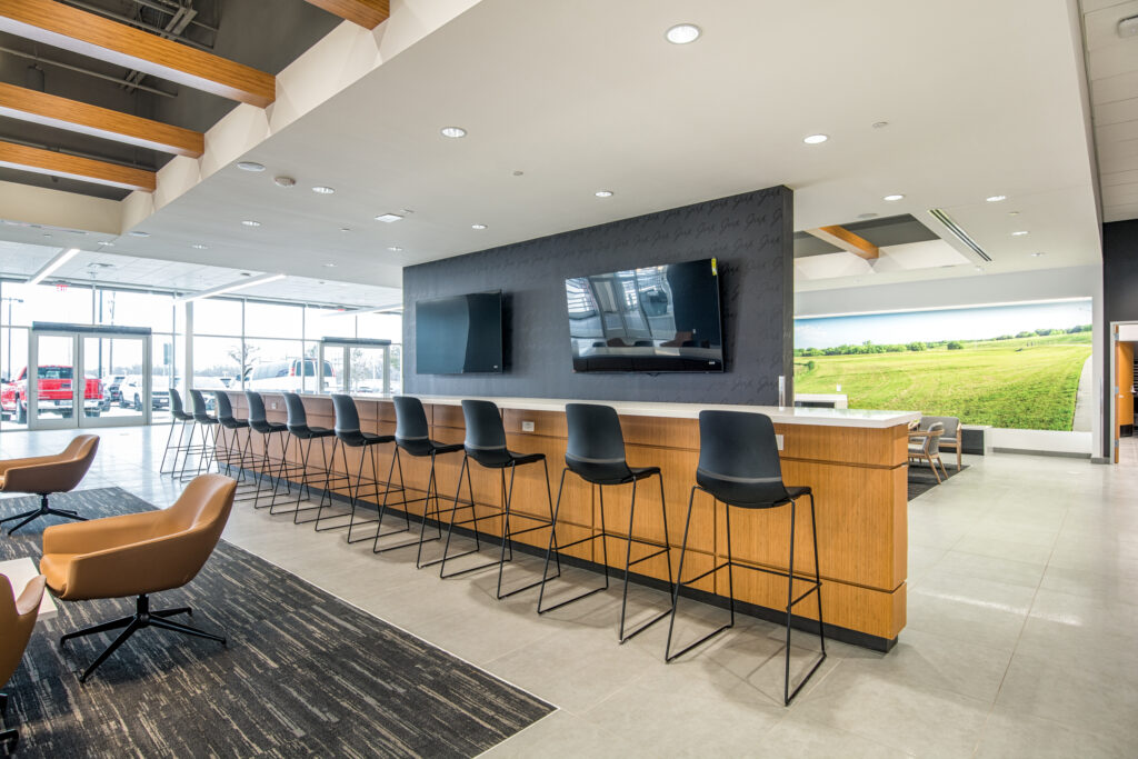 Exterior view of Denton Dodge Chrysler Jeep Ram service reception waiting area for customers